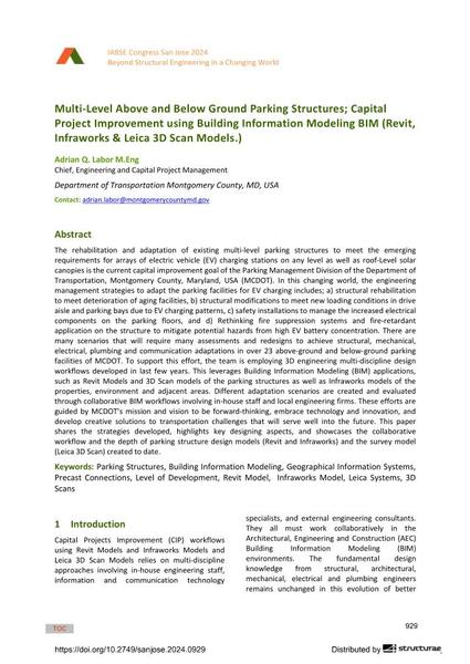  Multi-Level Above and Below Ground Parking Structures; Capital Project Improvement using Building Information Modeling BIM (Revit, Infraworks & Leica 3D Scan Models.)