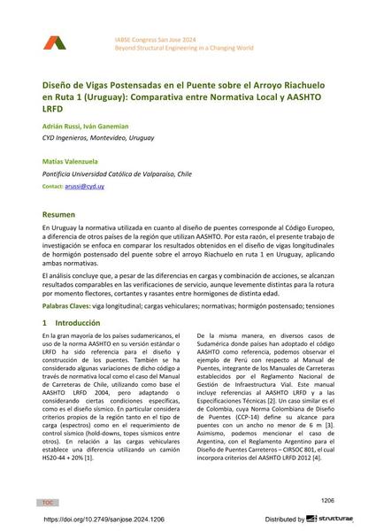  Diseño de vigas postensadas en el puente sobre el Arroyo Riachuelo en Ruta 1 (Uruguay): comparativa entre normativa local y AASHTO LRFD