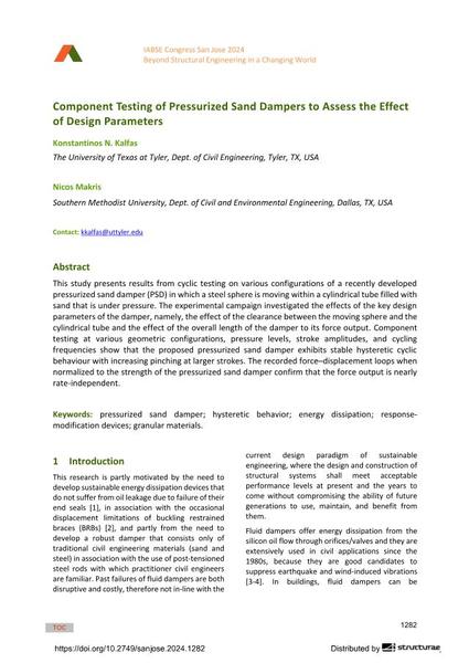  Component Testing of Pressurized Sand Dampers to Assess the Effect of Design Parameters