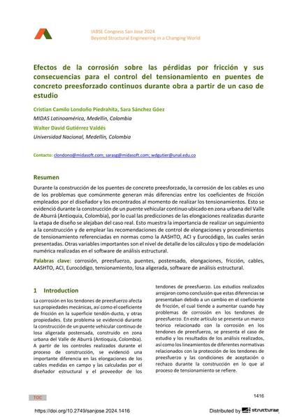  Efectos de la corrosión sobre las pérdidas por fricción y sus consecuencias para el control del tensionamiento en puentes de concreto preesforzado continuos durante obra a partir de un caso de estudio