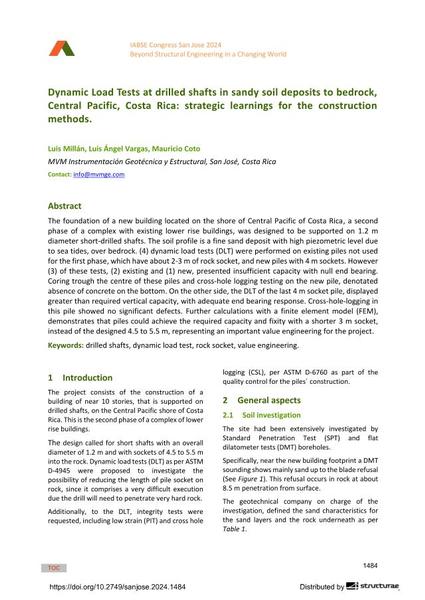  Dynamic Load Tests at drilled shafts in sandy soil deposits to bedrock, Central Pacific, Costa Rica: strategic learnings for the construction methods.