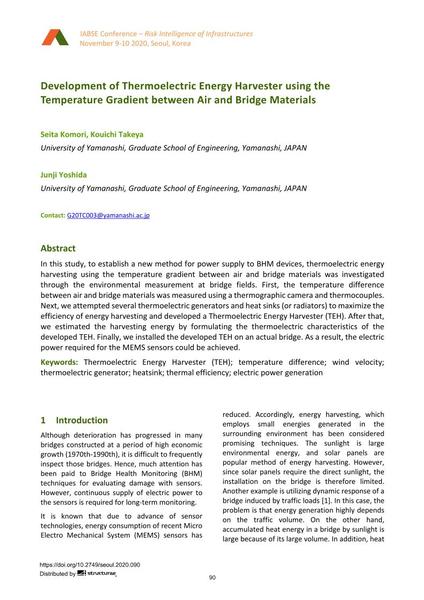  Development of Thermoelectric Energy Harvester using the Temperature Gradient between Air and Bridge Materials