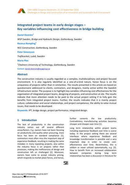  Integrated project teams in early design stages – Key variables influencing cost effectiveness in bridge building