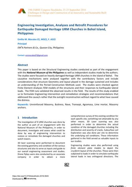  Engineering Investigation, Analyses and Retrofit Procedures for Earthquake Damaged Heritage URM Churches in Bohol Island, Philippines