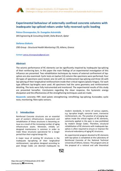  Experimental behaviour of externally confined concrete columns with inadequate lap spliced rebars under fully reversed cyclic loading