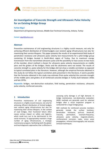 An Investigation of Concrete Strength and Ultrasonic Pulse Velocity for an Existing Bridge Group