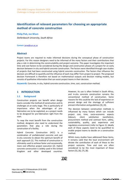  Identification of relevant parameters for choosing an appropriate method of concrete construction