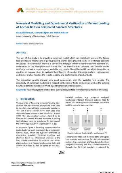  Numerical Modelling and Experimental Verification of Pullout Loading of Anchor Bolts in Reinforced Concrete Structures