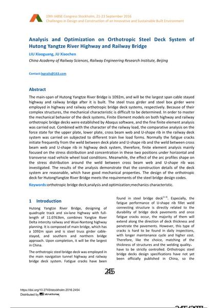  Analysis and Optimization on Orthotropic Steel Deck System of Hutong Yangtze River Highway and Railway Bridge