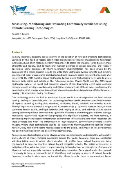  Measuring, Monitoring and Evaluating Community Resilience using Remote Sensing Technologies