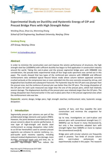  Experimental Study on Ductility and Hysteretic Energy of CIP and Precast Bridge Piers with High Strength Rebar