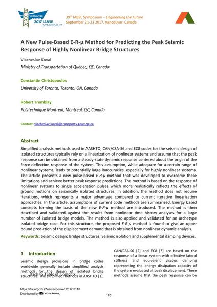 A New Pulse-Based E-R-µ Method for Predicting the Peak Seismic Response of Highly Nonlinear Bridge Structures