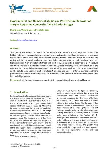  Experimental and Numerical Studies on Post-Facture Behavior of Simply Supported Composite Twin I-Girder Bridges