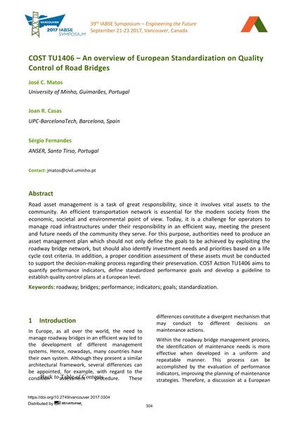  COST TU1406 – An overview of European Standardization on Quality Control of Road Bridges