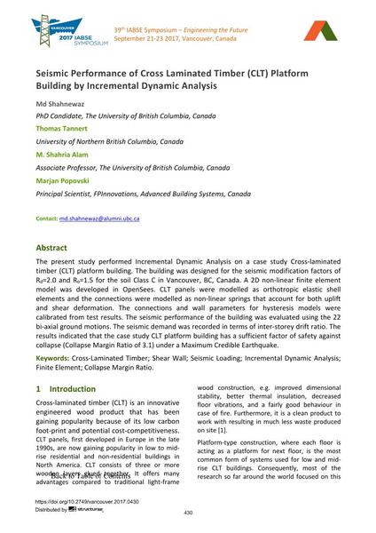  Seismic Performance of Cross Laminated Timber (CLT) Platform Building by Incremental Dynamic Analysis