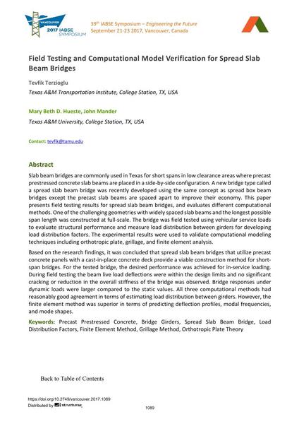  Field Testing and Computational Model Verification for Spread Slab Beam Bridges