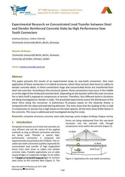  Experimental Research on Concentrated Load Transfer between Steel and Slender Reinforced Concrete Slabs by High Performance Saw- Tooth Connectors