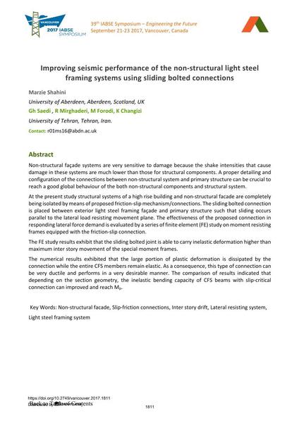  Improving seismic performance of the non-structural light steel framing systems using sliding bolted connections