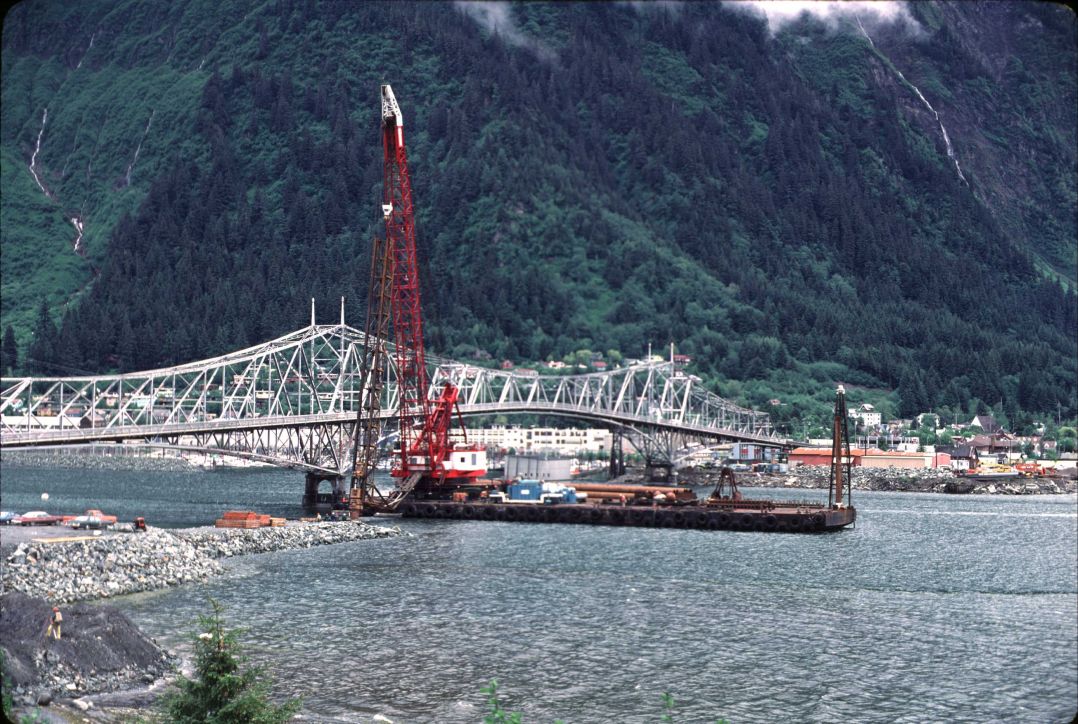 Juneau-Douglas Bridge Construction begins on the replacement bridge for the cantilever truss bridge.