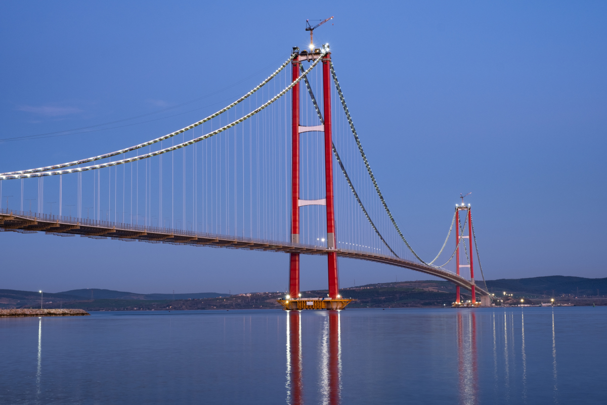 Le plus long pont suspendu du monde, celui de 1915Çanakkale sur les Dardanelles, a une portée principale de 2.023 mètres 