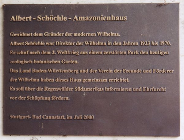 Tropical Pavilion at the Wilhelma Zoo in Stuttgart.Commemorative plaque 