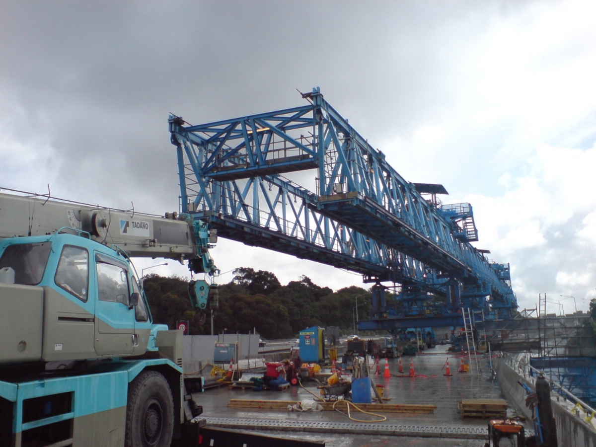 Reconstruction of Newmarket Viaduct in Auckland The "Big Blue" gantry crane on the Newmarket Viaduct construction site in Auckland, New Zealand.