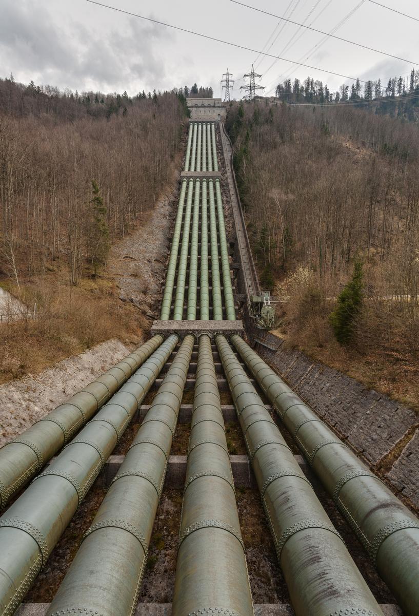 Penstocks at Walchensee hydroelectric power plant, Kochel, Bavaria, Germany 