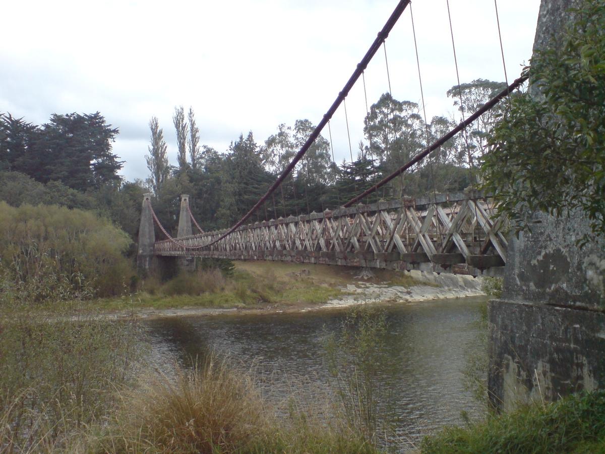 The Clifden Suspension Bridge in Southland, New Zealand. Looking roughly southwest 
