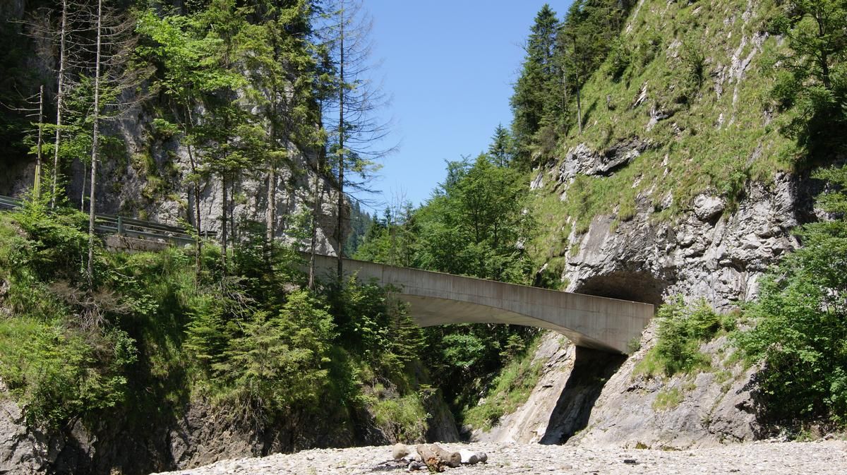 Bridge "Schanerlochbrücke" on the Road through the Ebnitertal in Dornbirn, Vorarlberg, Austria after the first Tunnel (counting from Ebnit) 