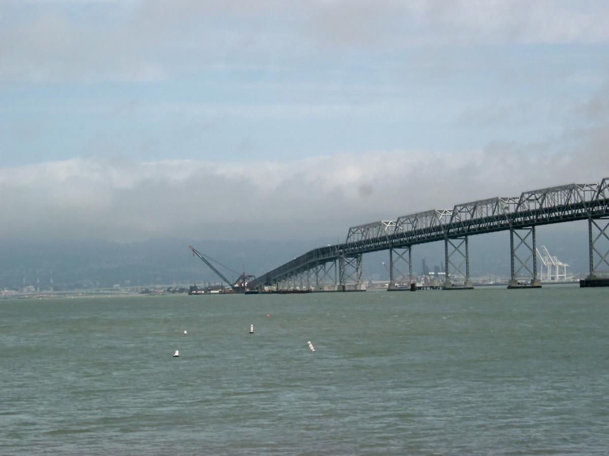 San Francisco Oakland Bay Bridge, Eastern part Construction barges can be seen in the back for the construction of the replacement bridge