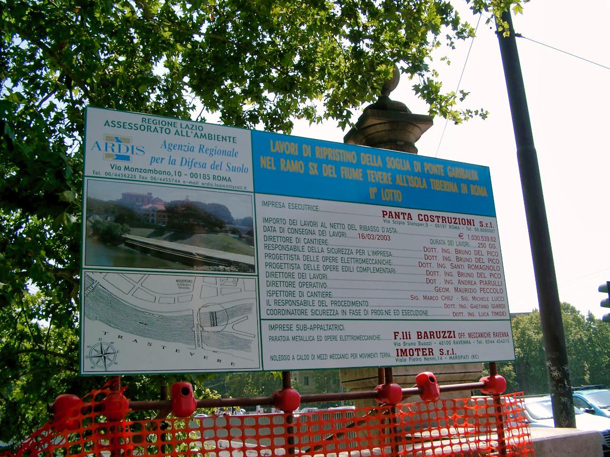 Ponte Garibalidi, Rome.Information plaque on restoration works 