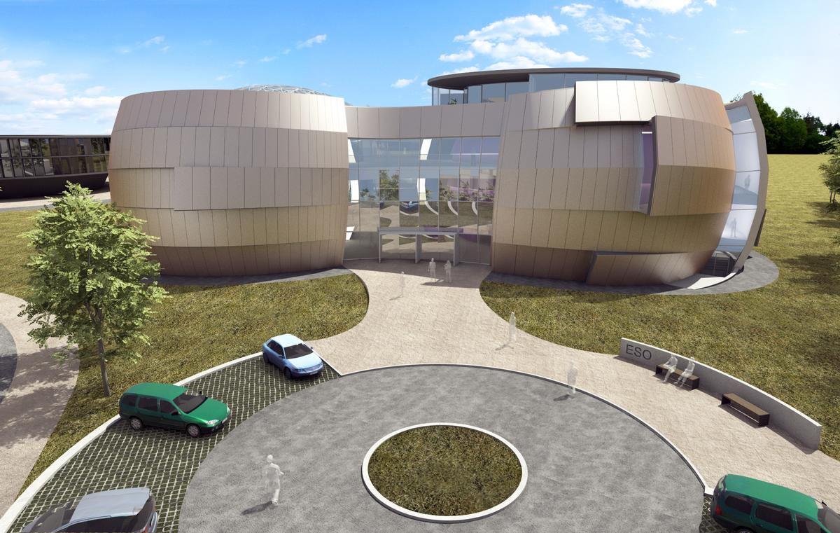 ESO Supernova Planetarium & Visitor Centre The ESO Supernova Planetarium & Visitor Centre, being built in Garching next to the ESO Headquarters, will offer its visitors a contemporary, interactive exhibition on modern astronomy, as well as the possibility to enjoy digital full-dome planetarium shows and guided tours.
This first rendering from 2013 shows the front of the building, as visitors will see it when they first arrive at the ESO Headquarters in Garching. The two main structural elements contain a large empty cylindrical room — the Void — suitable for temporary exhibitions, and a modern digital planetarium. Both are connected by a long, winding path, which contains the exhibition area of the building.
To the left, in the background, the rendering shows a part of the new extension of the ESO Headquarters.
