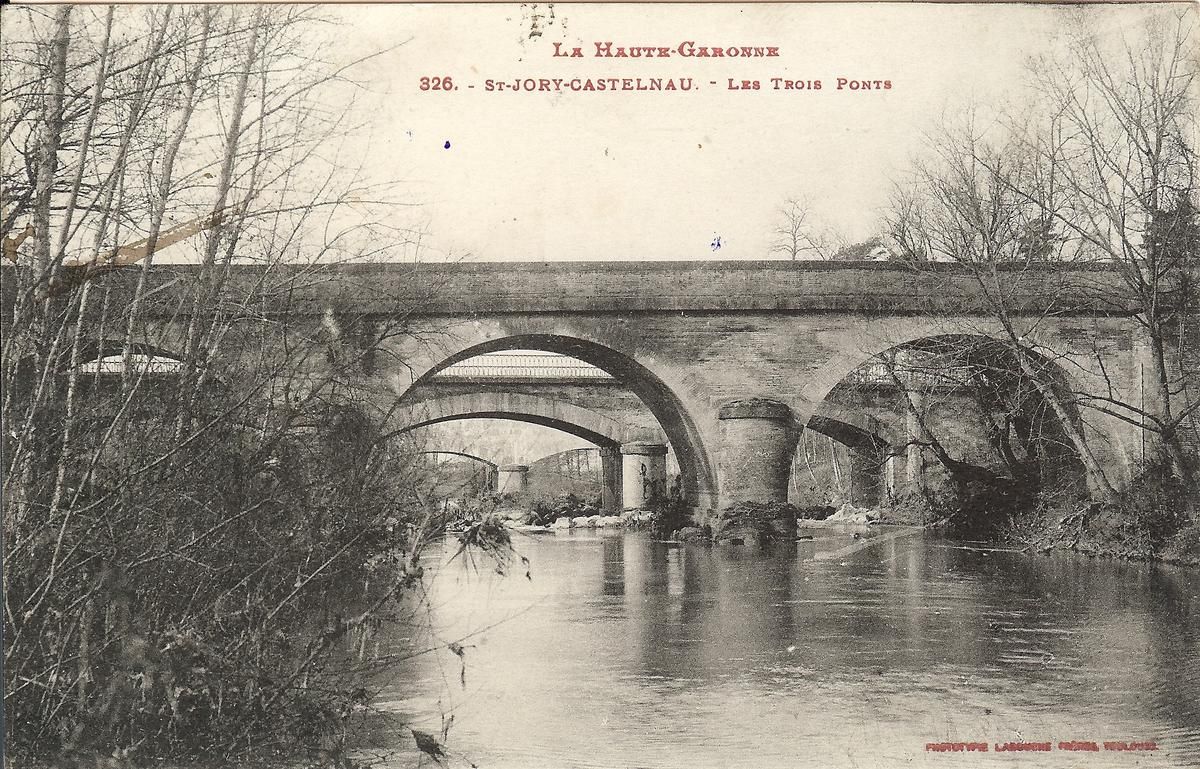 Trois ponts sur l'Hers entre Saint-Jory et Castelnau Pont-route, pont-rail et pont-aqueduc