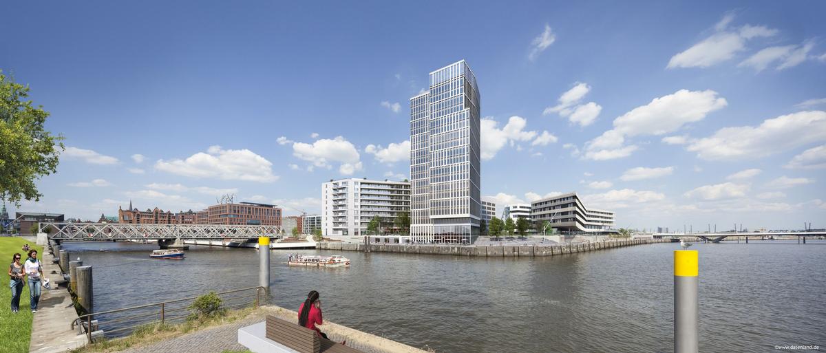 Panorama du nouvel ensemble d'immeuble dans la HafenCity de Hambourg (visualisation de Datenland) 