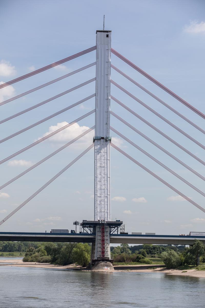 Scaffolding on the concrete pylon of the Flehe Bridge in Düsseldorf necessary for concrete repairs 