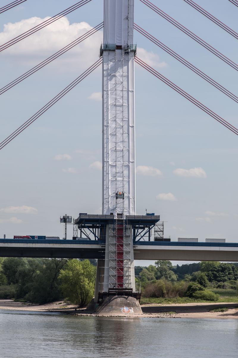 Scaffolding on the concrete pylon of the Flehe Bridge in Düsseldorf necessary for concrete repairs 