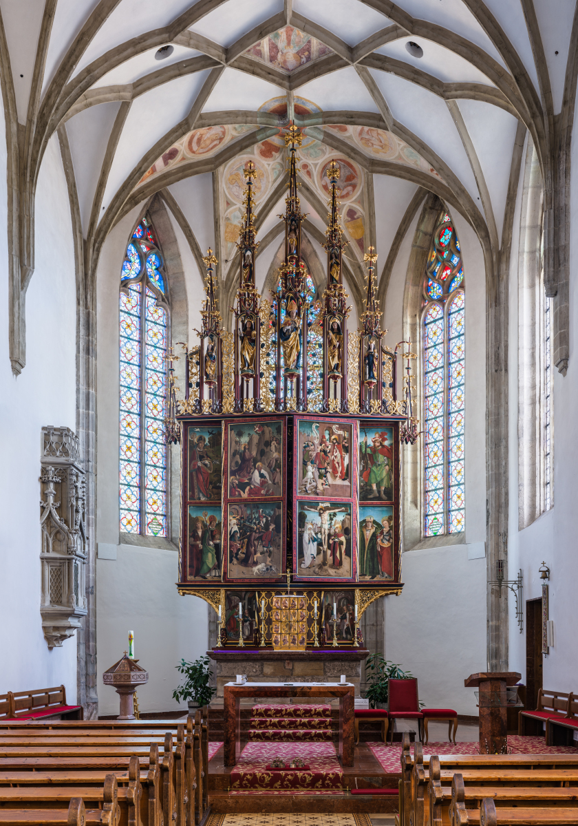 Flügelaltar der Pfarrkirche Gampern, Oberösterreich Werktagsseite mit geschlossenen Flügeln. Lienhart Astl, um 1490–1500.