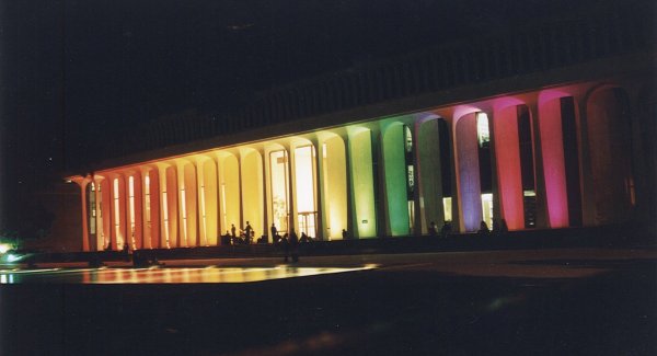 Robertson Hall Robertson Hall of the Woodrow Wilson School of Public and International Affairs, Princeton University. Rainbow colored lighting during class reunions