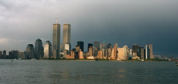 New York City skyline dominated by the twin towers of the World Trade Center 
