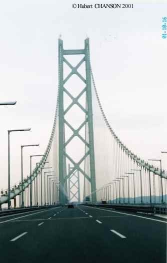 Akashi Kaikyo Bridge. View while driving South and seen from the Northern end 