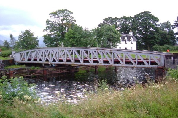 Banavie swing bridge of the Fort William to Mallaigh railway line across the Caledonian Canal 
