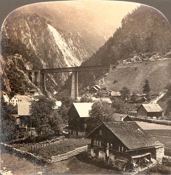 Brücke auf der Gotthardlinie, Amsteg — Stereoskopische Ansicht um 1900 