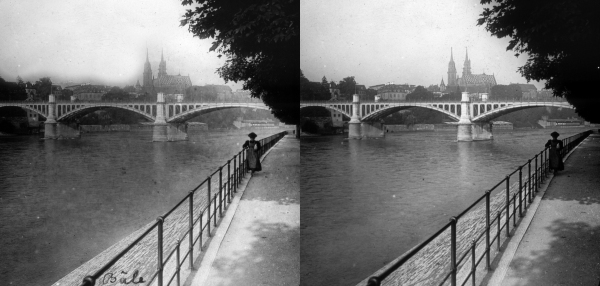 Pont de Wettstein à Bâle. Vue stéréoscopique, vers 1880. 