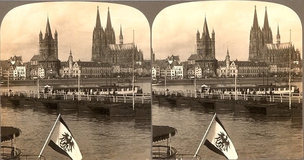 Pont de bateaux de Cologne-Deutz. Vue stéréoscopique, avant 1903. 