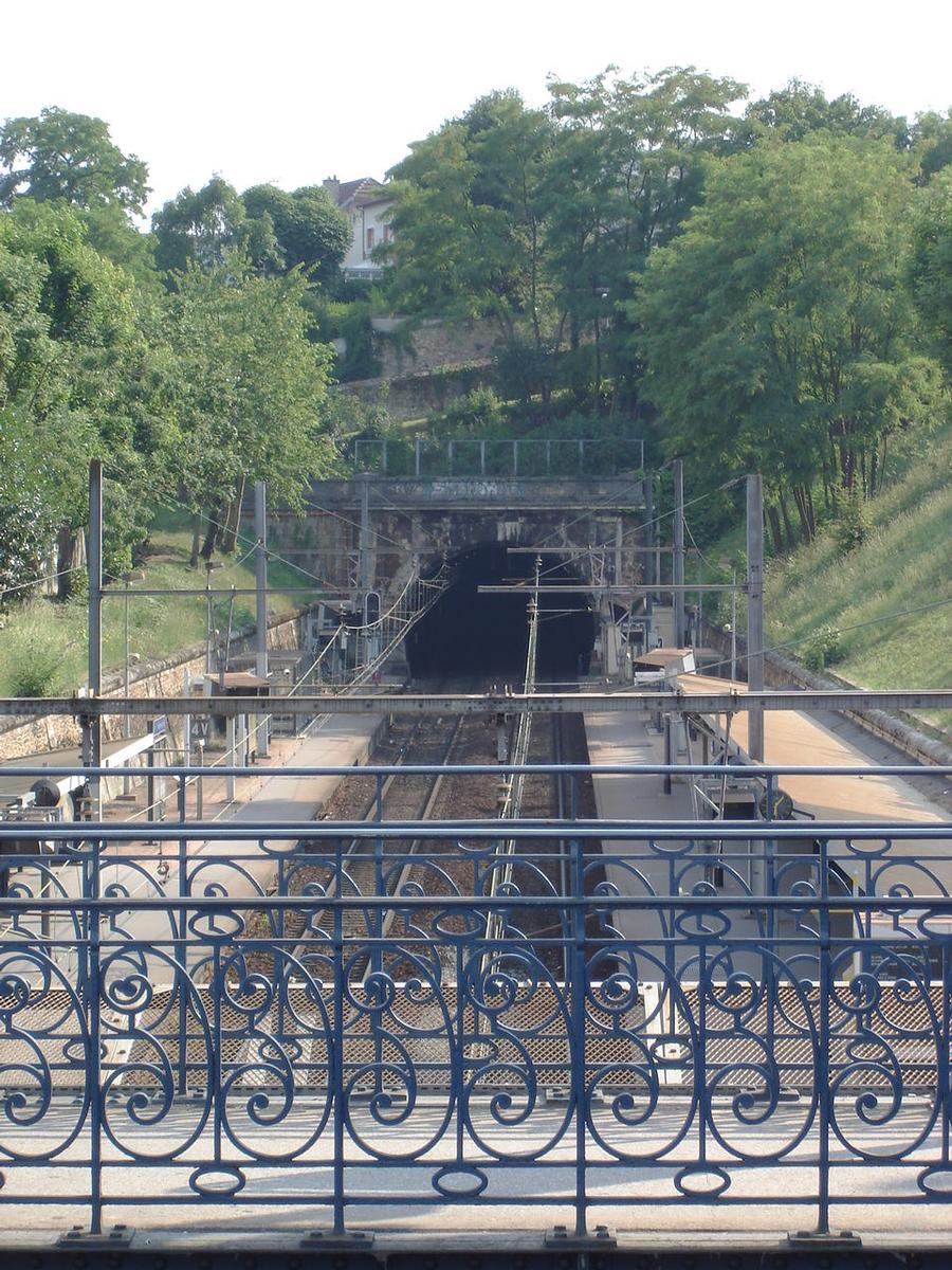 Ligne Paris-Invalides à Versailles-Rive-Gauche. Gare de Meudon-Val-Fleury et entrée du tunnel de 3500 m 
