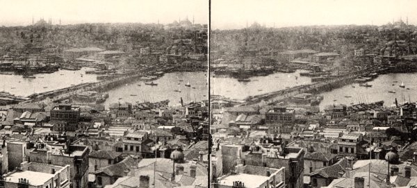 Pont de Galata, Istanbul. Vue stéréoscopique, vers 1900. 
