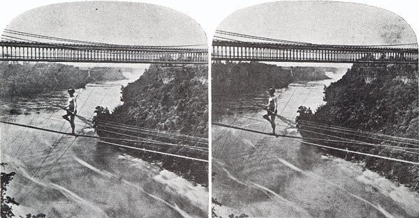 Jean François Blondin traverse les gorges du Niagara. Vue stéréoscopique, 30 juin 1859. 