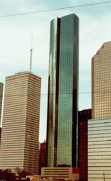 Wells Fargo Plaza Building, Houston. 
From the southwest just before sunset 