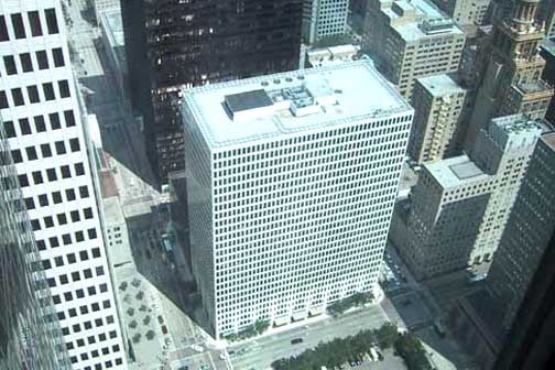 Looking down on Two Shell Plaza from 60th floor of Wells Fargo Plaza building. Corner of One Shell Plaza on left edge 