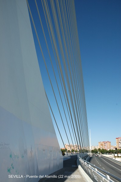 SEVILLA – Puente del Alamillo, la double rangée de haubans est ancrée à la poutre centrale, de part et d'autre de l'allée piétonnière 